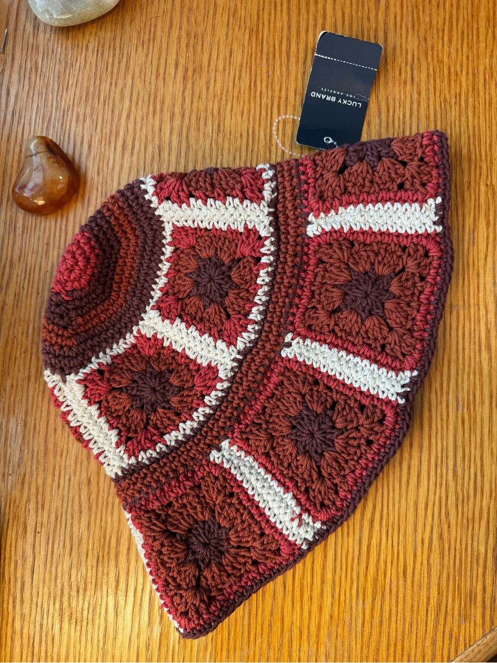 Lucky Brand Crocheted Beanie Hat in Red, Brown & Cream
